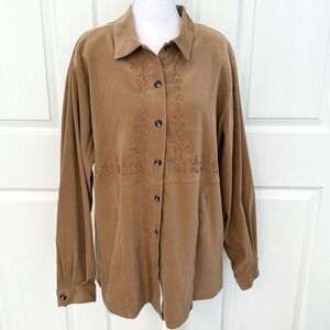 Koret Button Down Shirt Womens Large Brown Embroidered Beaded Long Sleeve